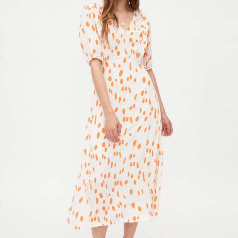 Wild Pony White Orange Dalmatian Print Puff Sleeved Midi Dress